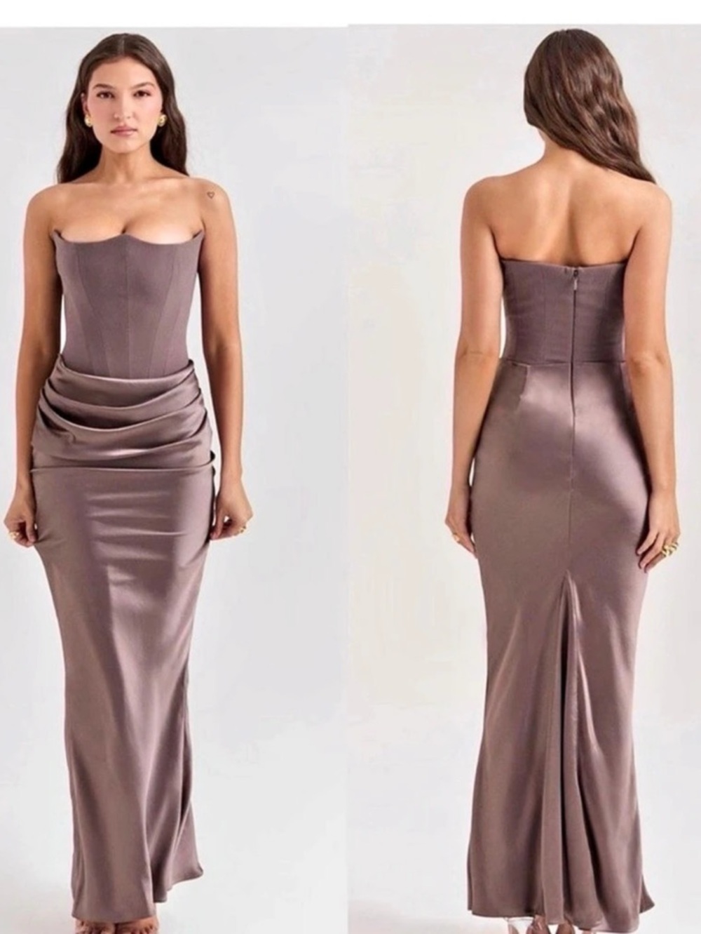 House of CB Persephone Satin-Look Strapless Maxi Dress in Brown